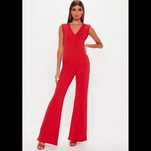 Missguided red plunge wide leg jumpsuit